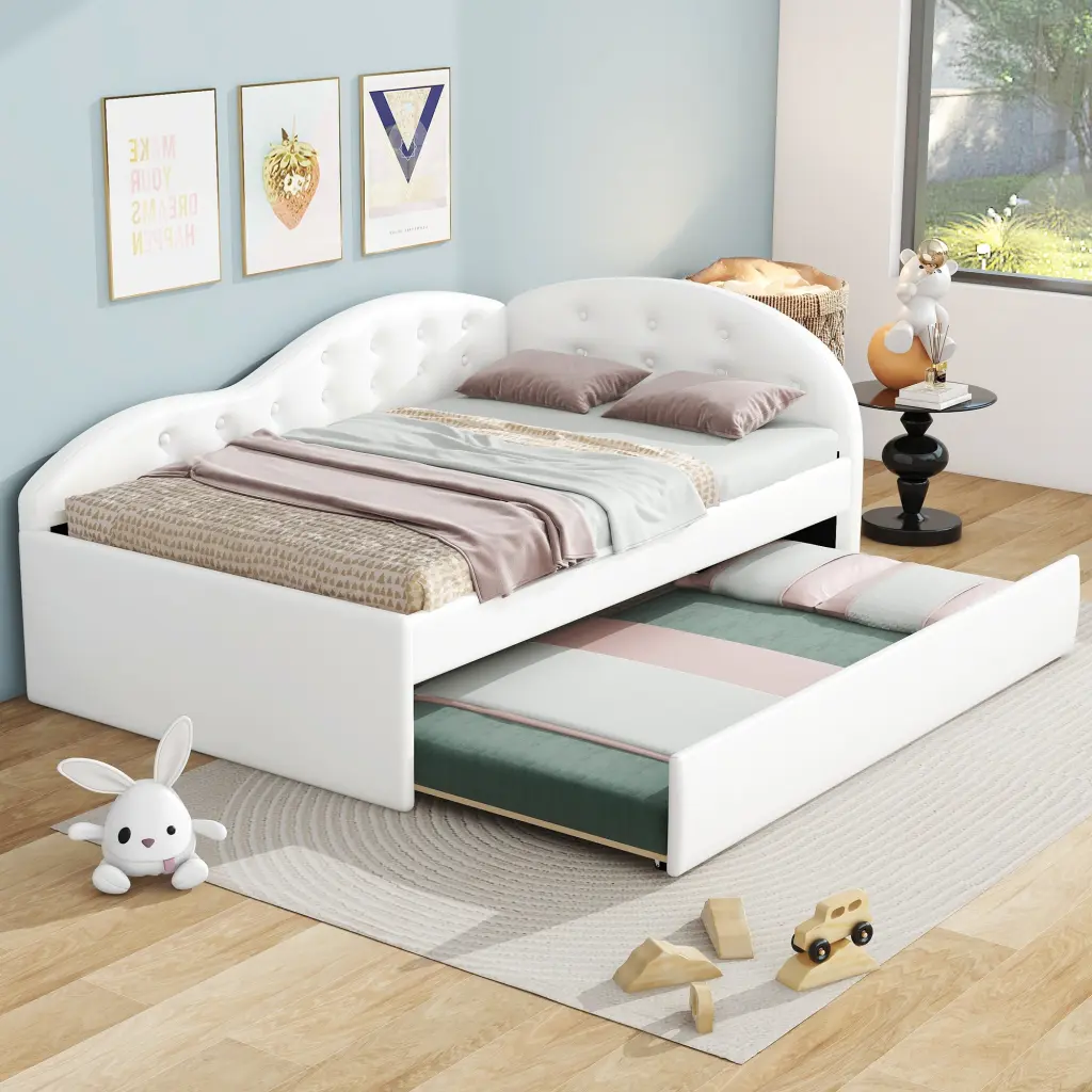 Twin Size PU Upholstered Tufted Daybed Trundle Cloud Inspired Guest Bed wm store