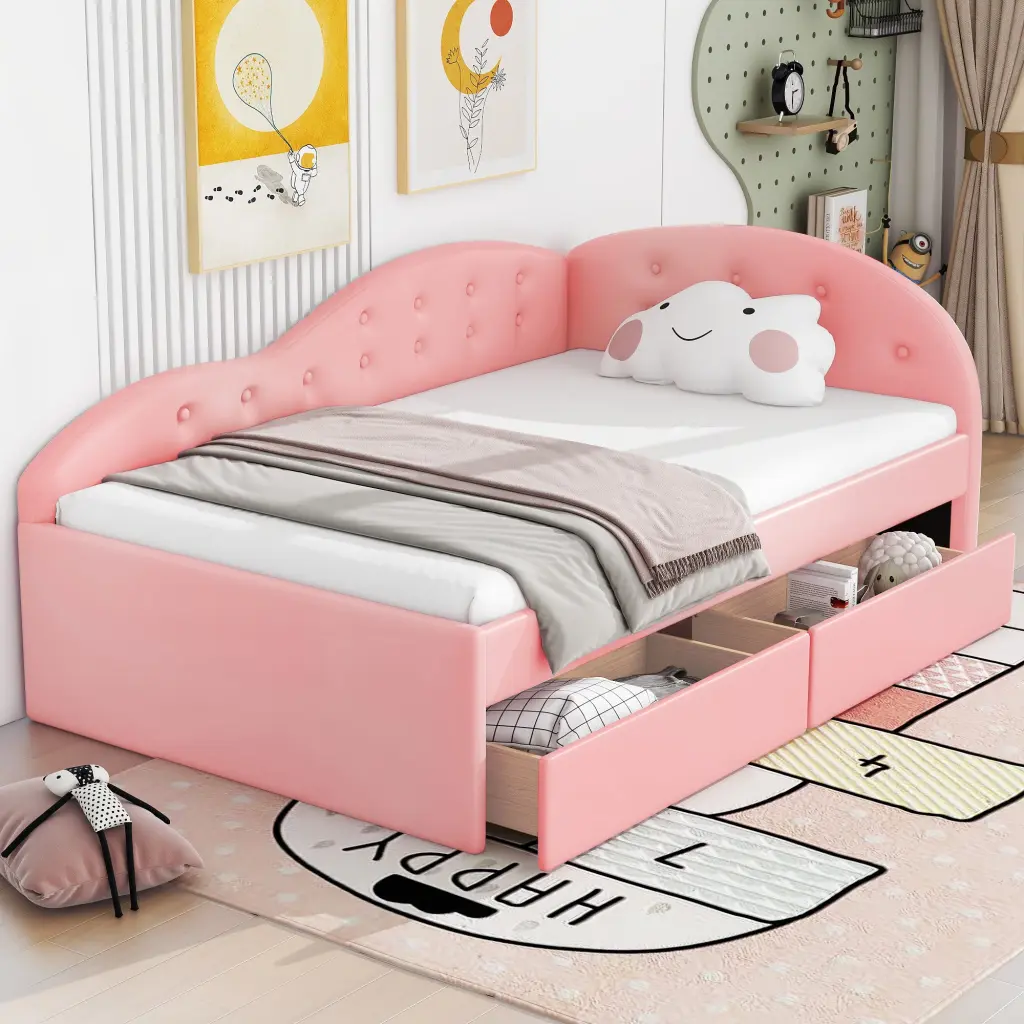 Twin Size PU Upholstered Tufted Daybed Two Drawers And Cloud Shape Headboard wm store