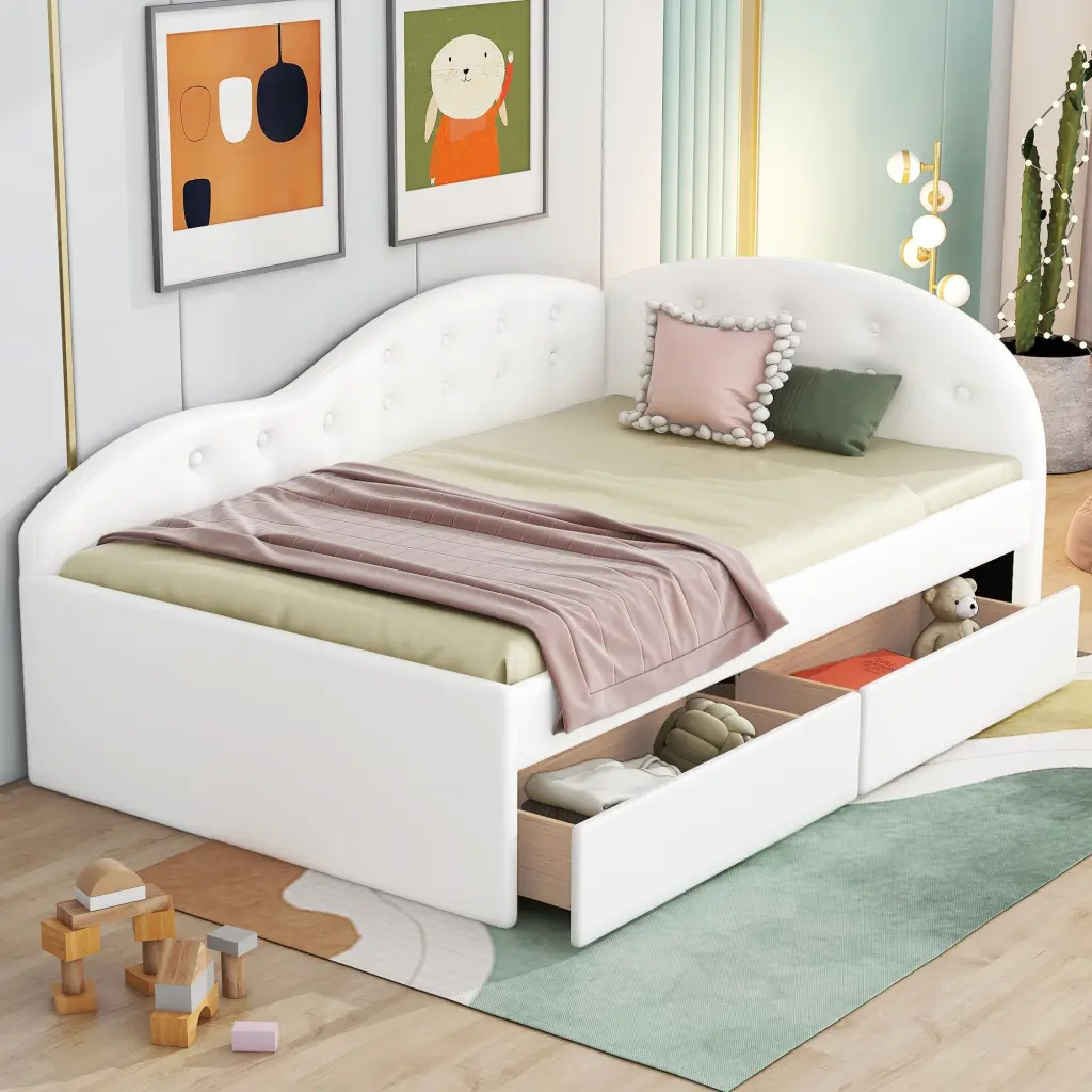 Twin Size PU Upholstered Tufted Daybed Two Drawers And Cloud Shaped Design wm store
