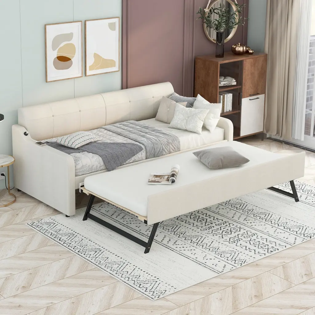 Twin Size Upholstery Daybed Trundle And USB Charging Design wm store
