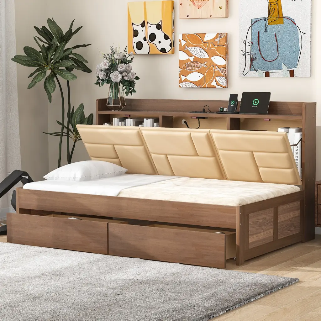 Twin Size Wood Daybed Upholstered Storage Shelves Usb Ports And Trundle wm store