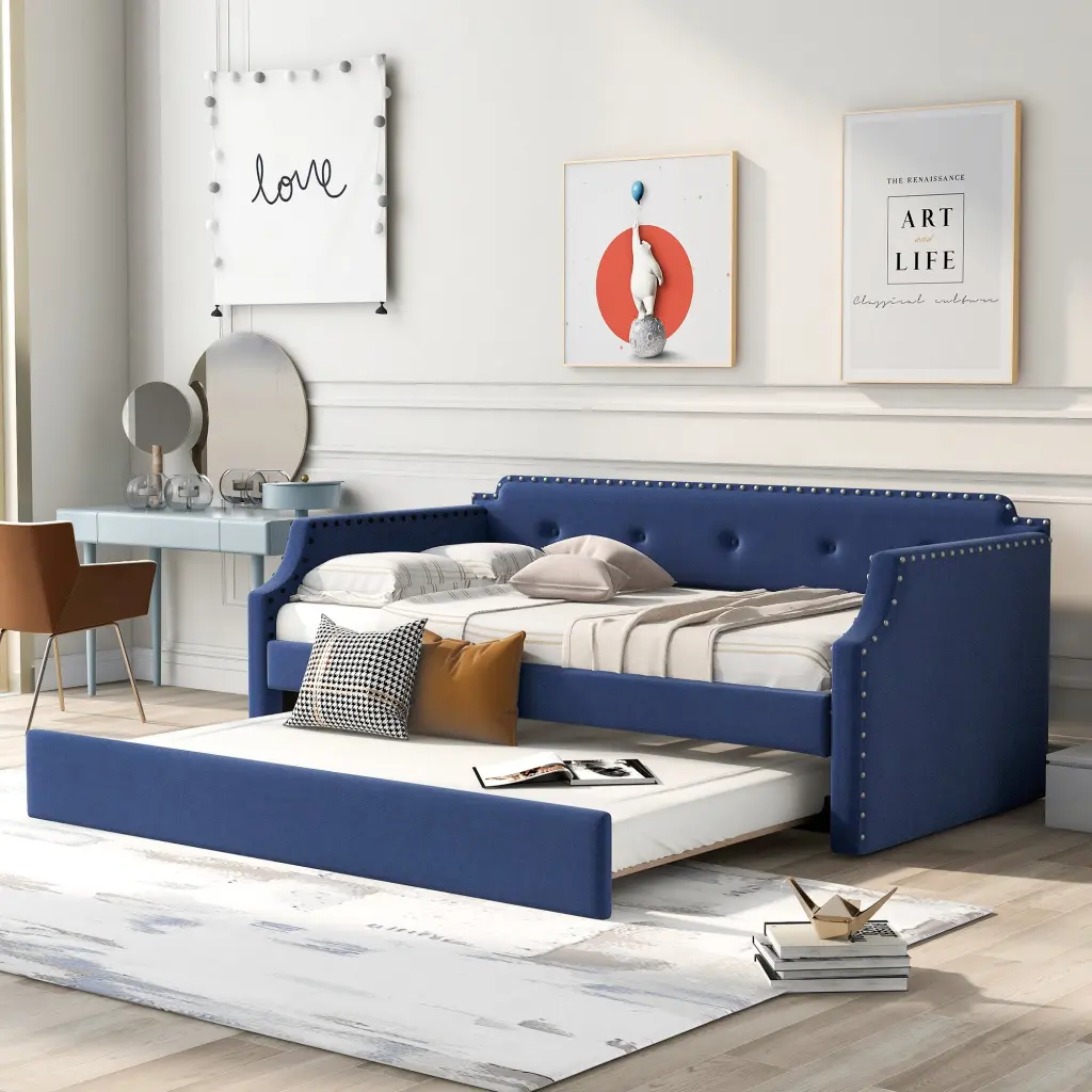 Upholstered Daybed Trundle Wood Slat Support Upholstered Frame Sofa Bed wm store