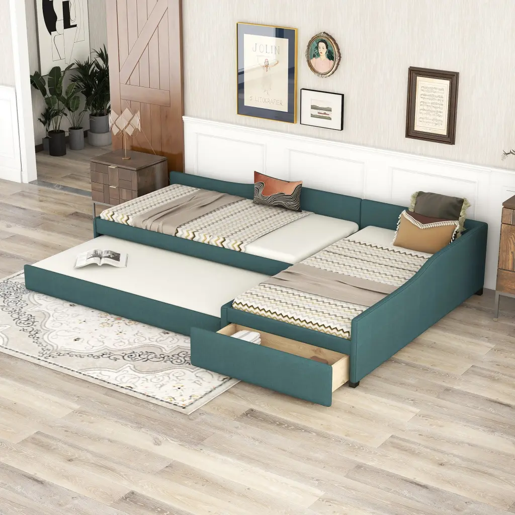 Upholstered Double Twin Size Daybed Trundle And Drawer Green wm store
