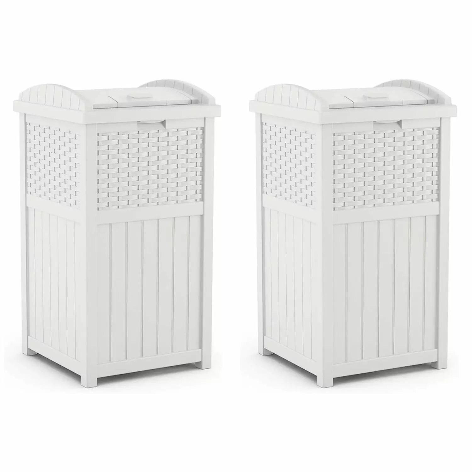 Suncast Wicker Resin Outdoor Hideaway Trash Can Bin Latching Lid (2 Pack)