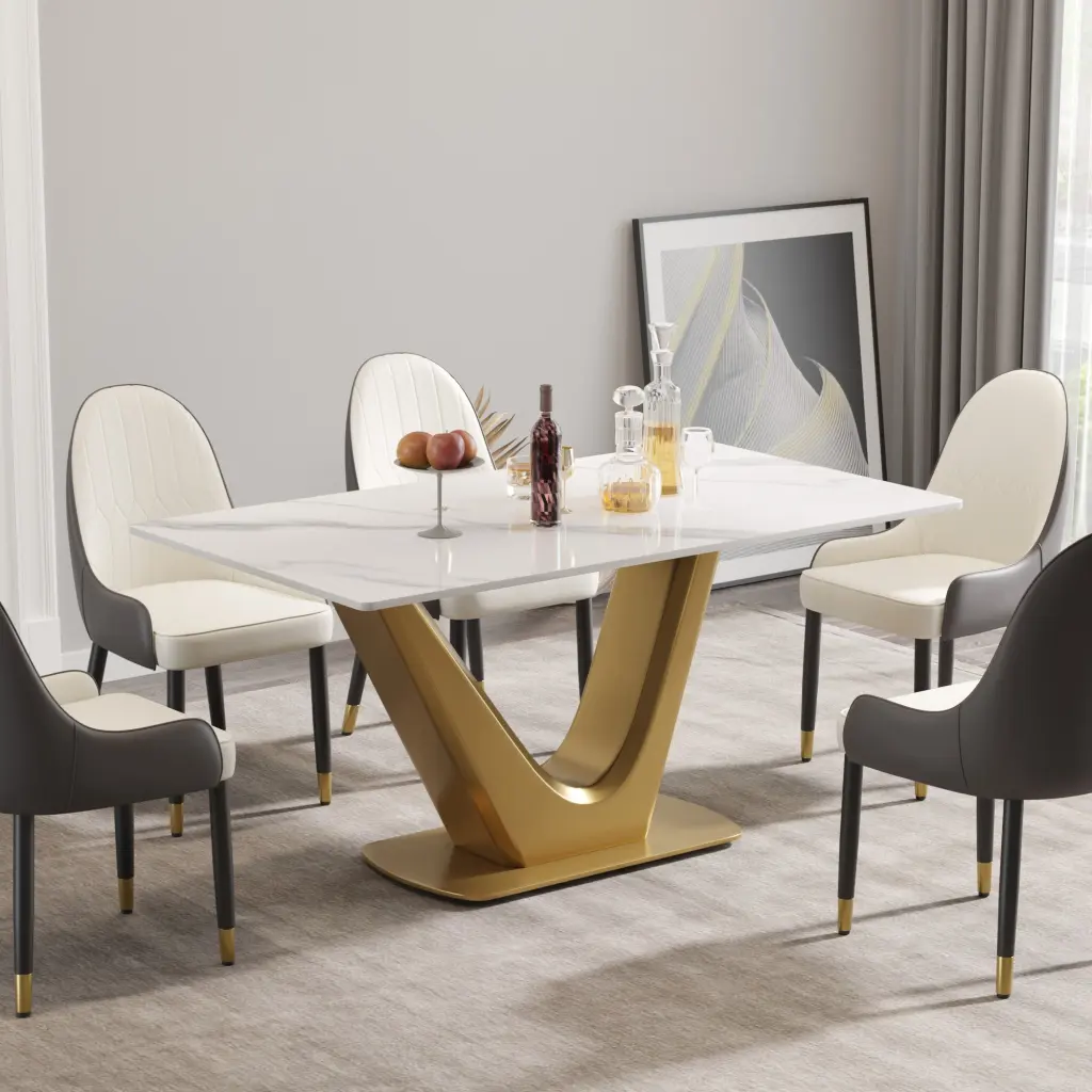 63 Inch Modern Artificial Stone White Panel Can Golden V Influenced Metal Legs - Stylish Design atunus
