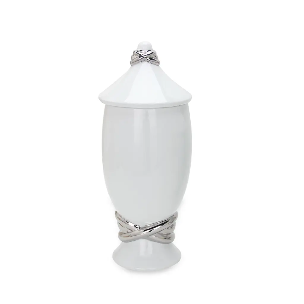 White Ceramic Decorative Jar Silver Accent and Lid furnings