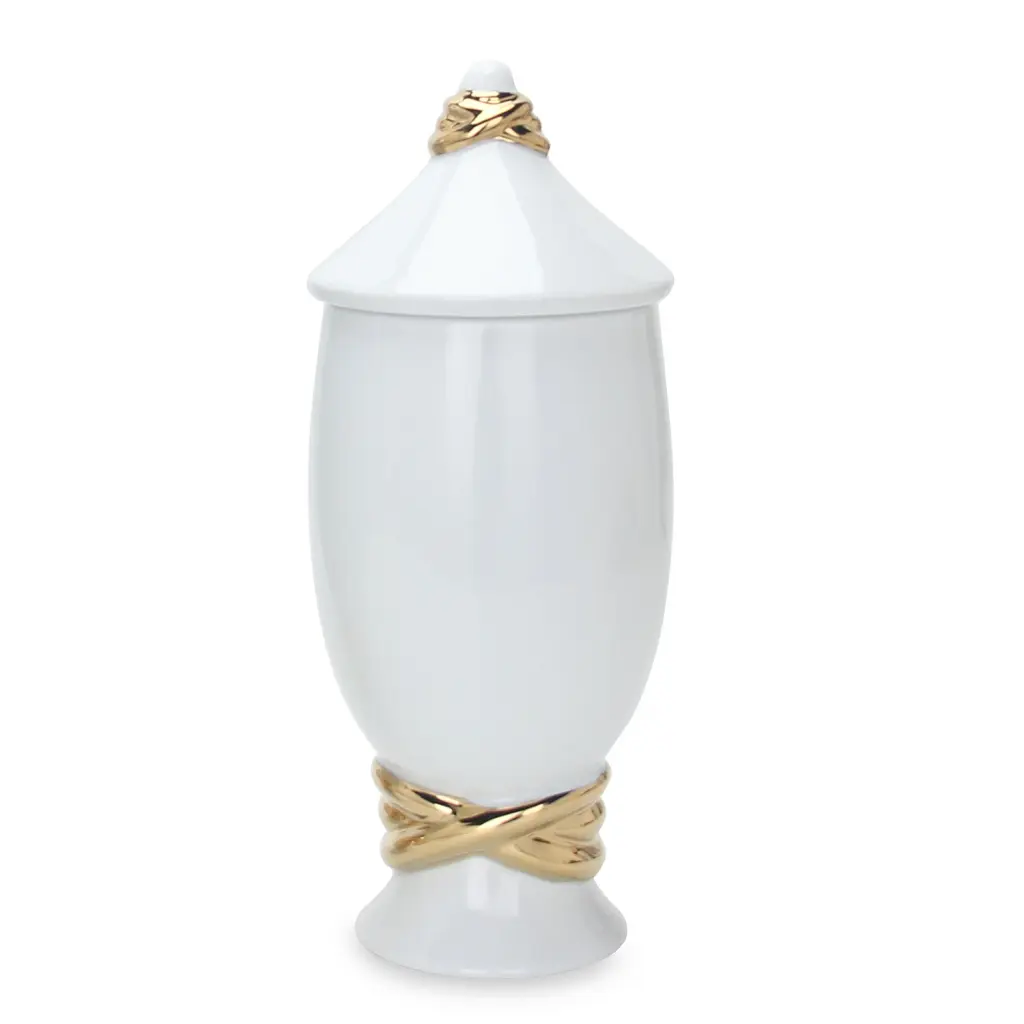 White Ceramic Decorative Jar Gold Accent and Lid furnings