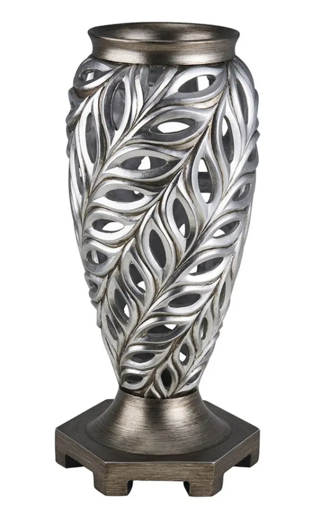 15.75 Inches Tall Polyresin Decorative Vase Kiara Silver Peacock Feathers california home