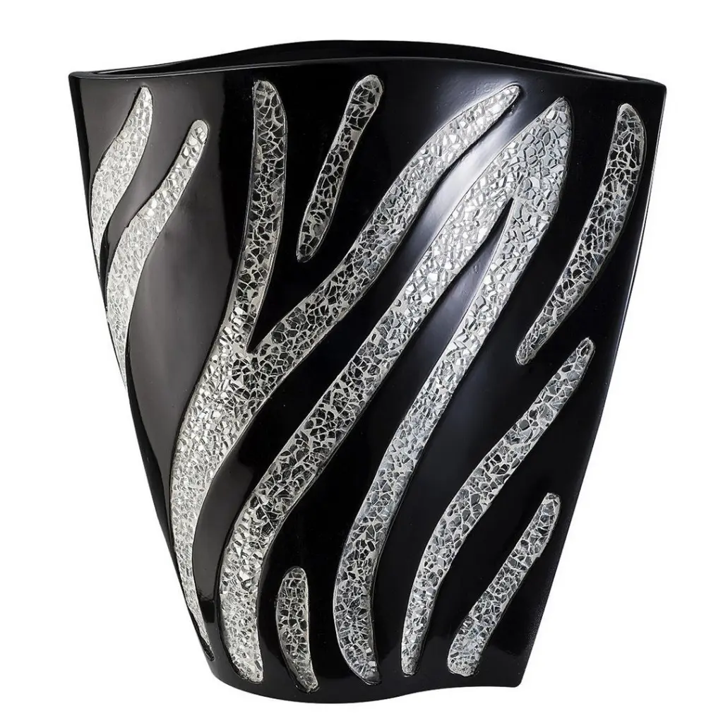 14 Inch Tall Polyresin Decorative Vase Black Finish Silver Zebra Pattern california home