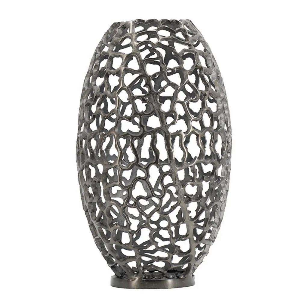 19 Inch Decorative Round Barrel Vase Cutout Motif Smoke Black Aluminum royal hampton