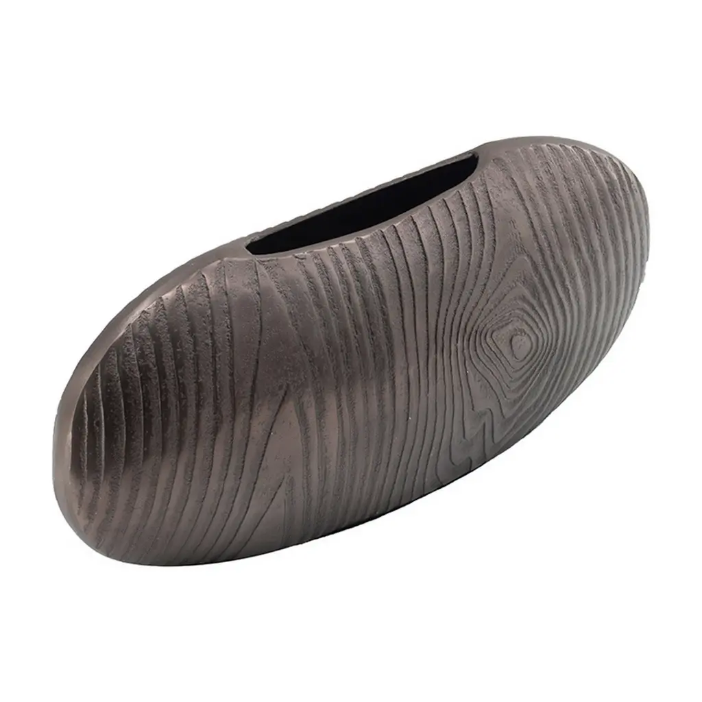 18 Inch Slim Oval Disc Decorative Vase Wood Texturing Gray Aluminum royal hampton