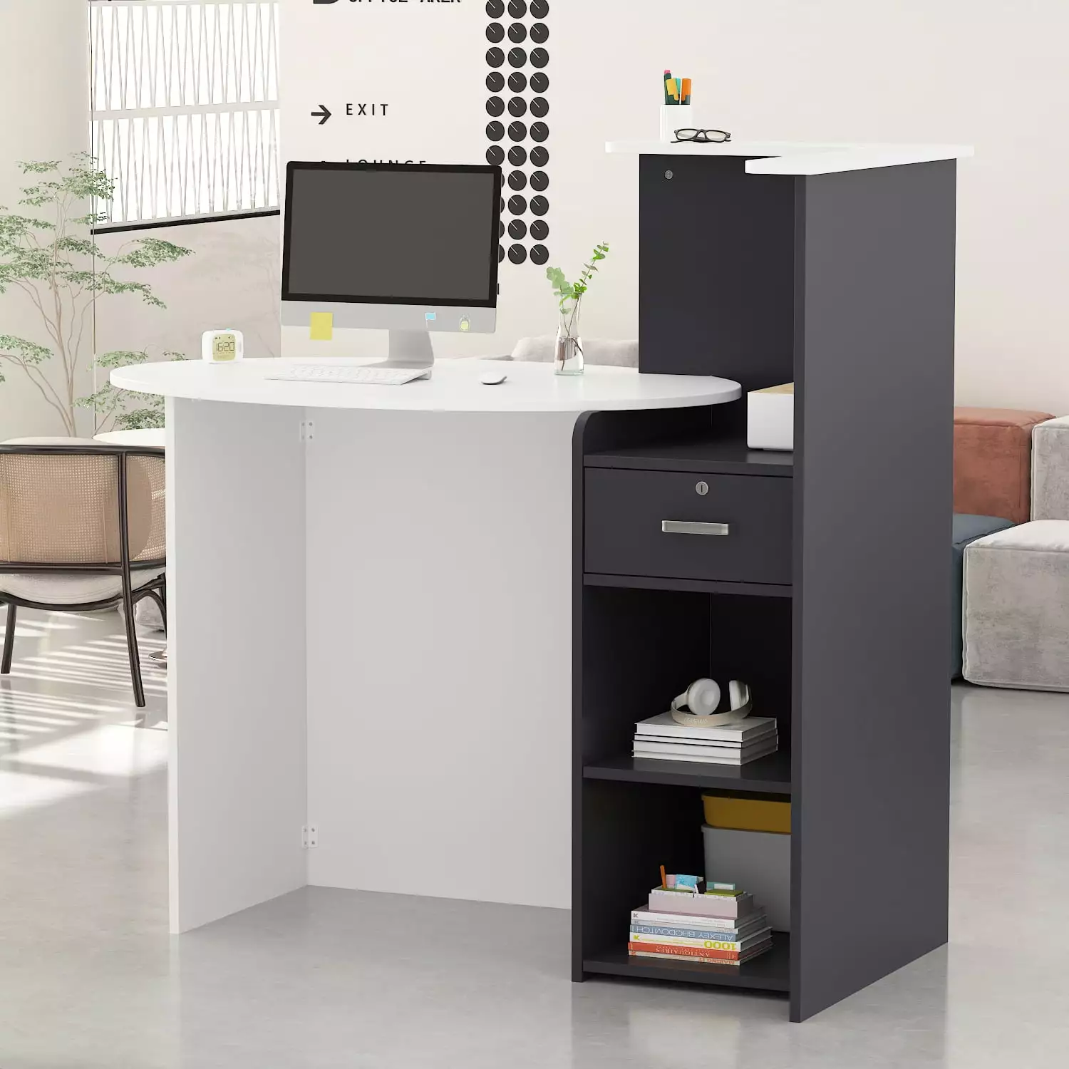 AIEGLE Computer Desk Hutch and Storage Shelves, Modern Writing Study Table Drawer Home Office, White & Black