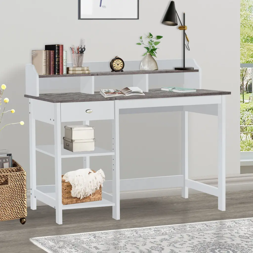 47 Inch Writing Desk Hutch Contemporary Gray Oak and White Desk singularity