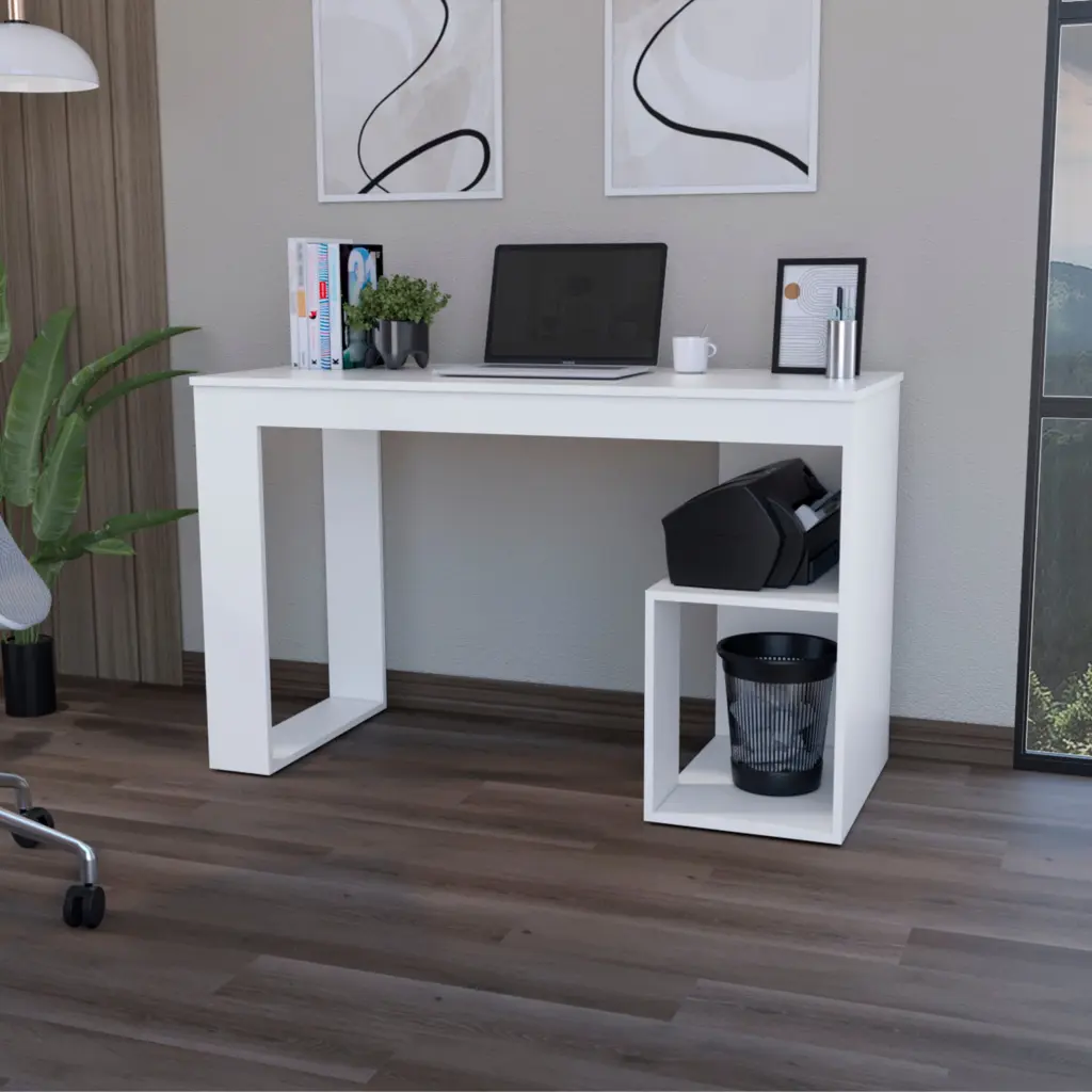 Crossett Writing Desk Two Shelves - White Modern Pine Computer Desk fm furniture