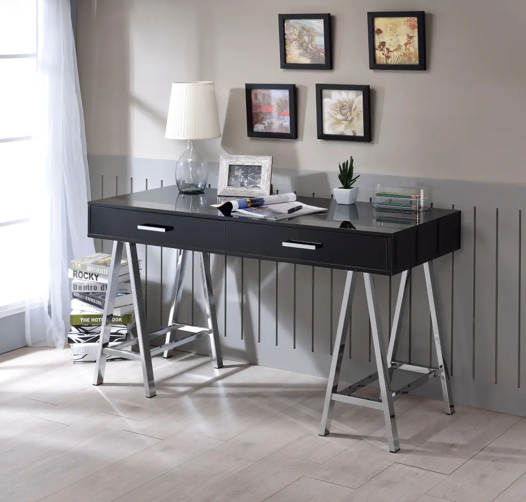 Black High Gloss Chrome Writing Desk USB Port Modern Office Desk furniture max