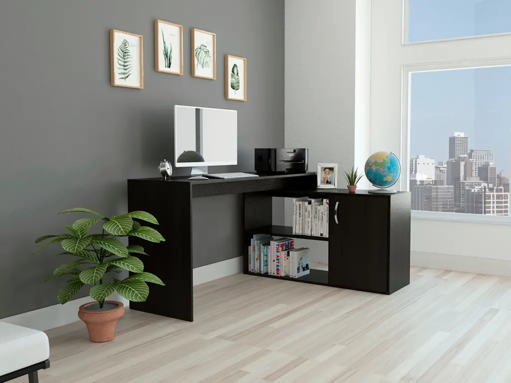 Lyncliff 1 Drawer 2 Shelf L Shaped Office Desk Black Wengue Finish furniture max