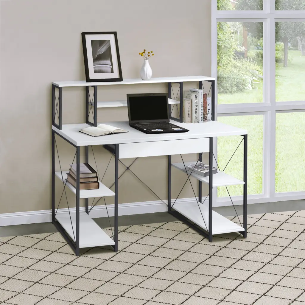 White and Black Office Desk Open Shelves and Hutch Writing Workstation furniture max