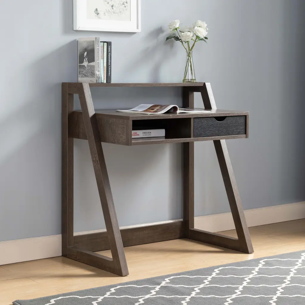 Home Office Desk Drawer and Power Outlet USB Walnut Oak Black Modern Workstation id international- inc.