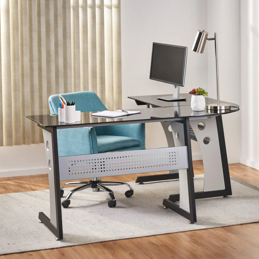 L Influence Glass Office Desk Grey and Black MDF Modern Workspace nh-an