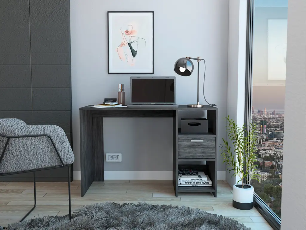 Omma Computer Desk One Drawer and Two Shelves - Grey Office Desk rta mubles colombia