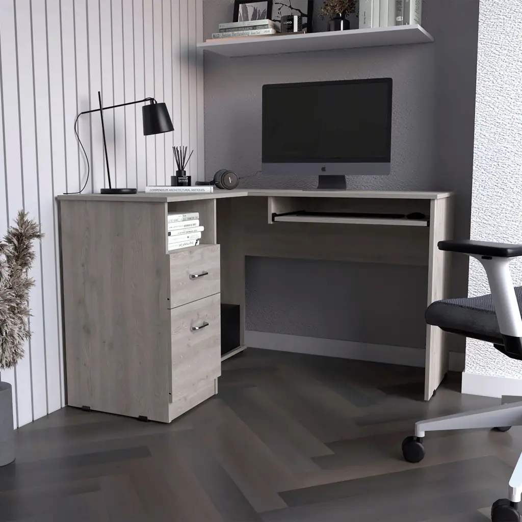 L Shaped Desk Bradford Keyboard Shelf Light Gray Finish treevol furniture