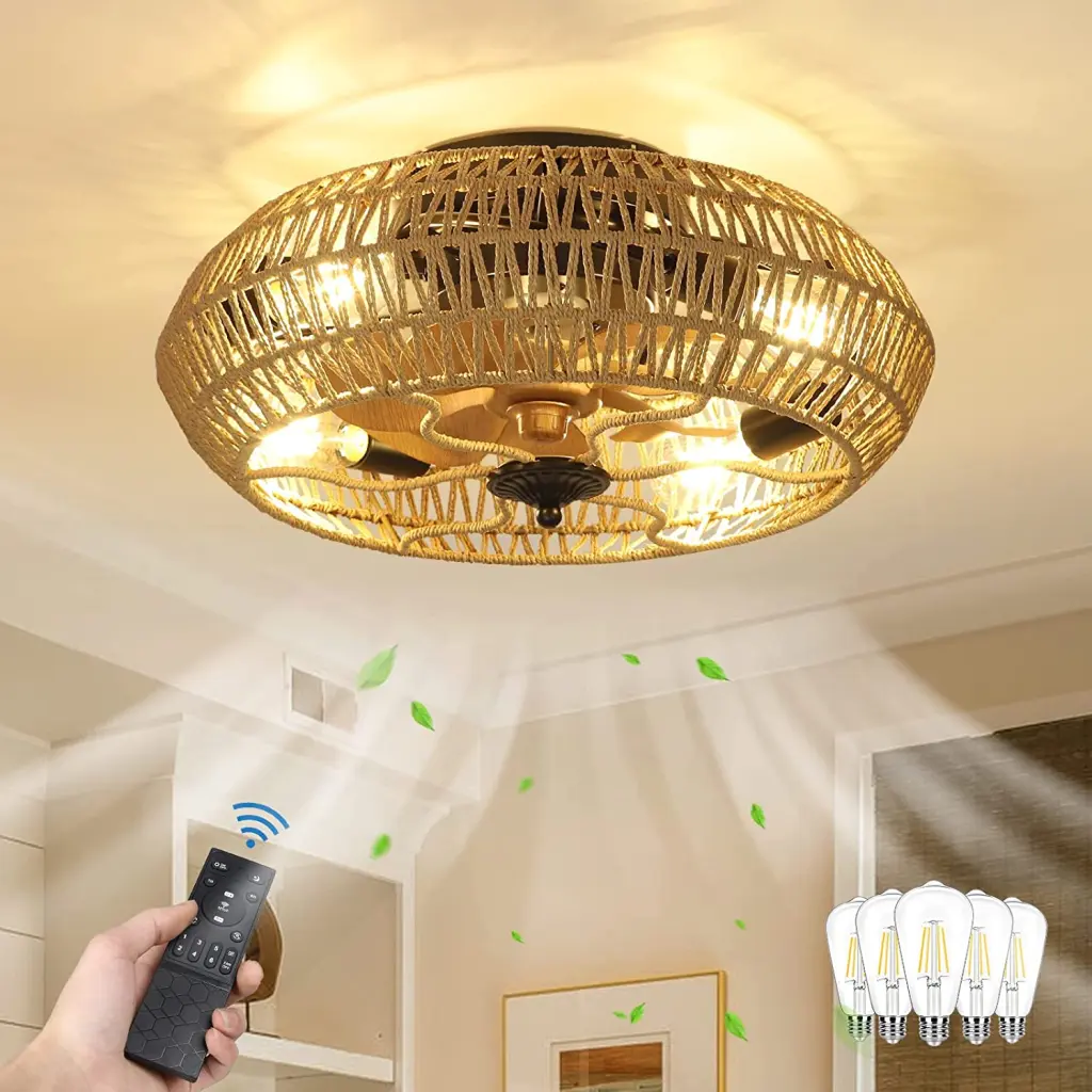Dimmable Ceiling Fans Lights And Remote Brown Rattan Blades dfzj