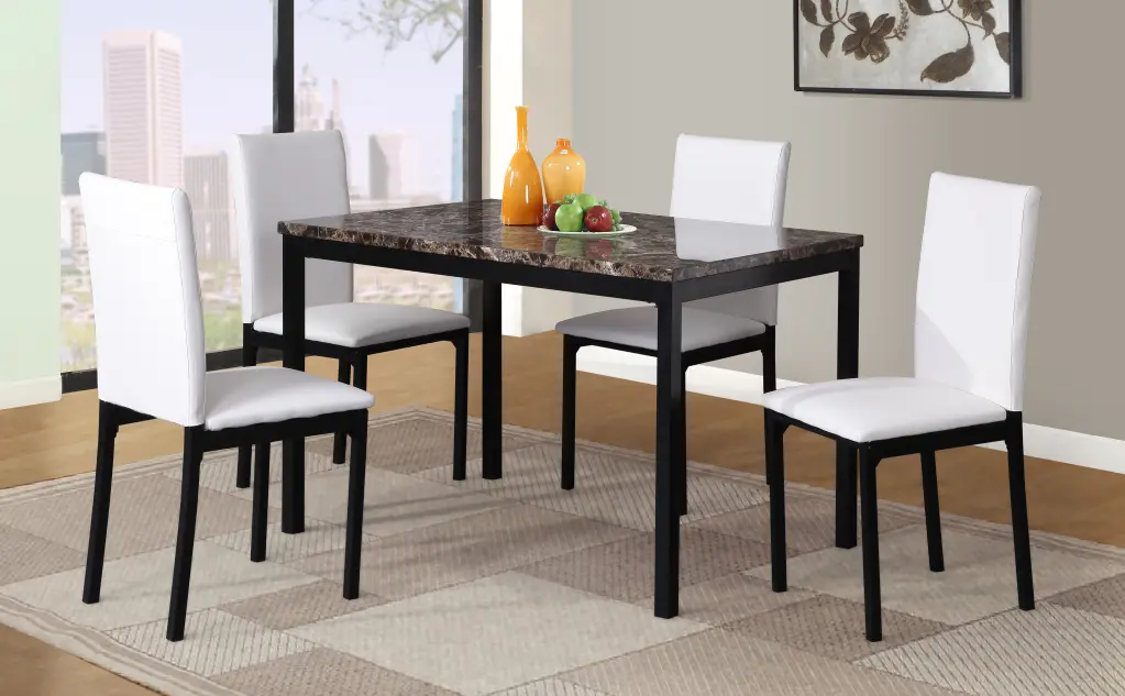 Citico 5 Piece Metal Dinette Set Laminated Faux Marble Top White Kitchen Dining Table Set hz