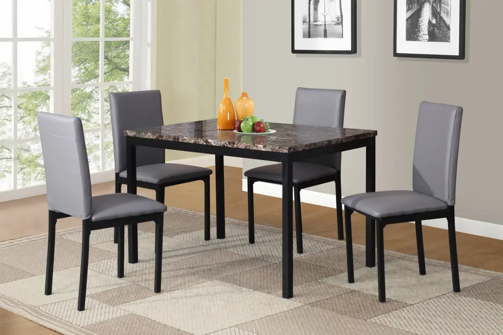 5 Piece Citico Metal Dinette Set Laminated Faux Marble Top Gray hz