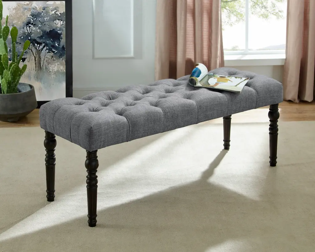 Leviton Fabric Tufted Turned Leg Dining Bench Gray Wood Finish hz