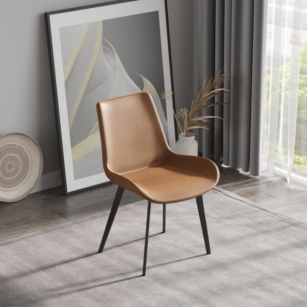 Modern Dining Chair Black Metal Legs and Brown Seat 2 Piece Set atunus