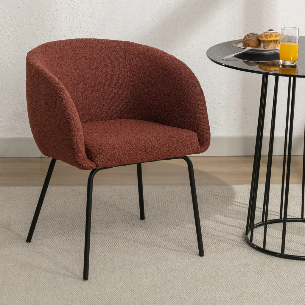 Set 1 Boucle Fabric Dining Chair Black Metal Legs Wine Red dg collection