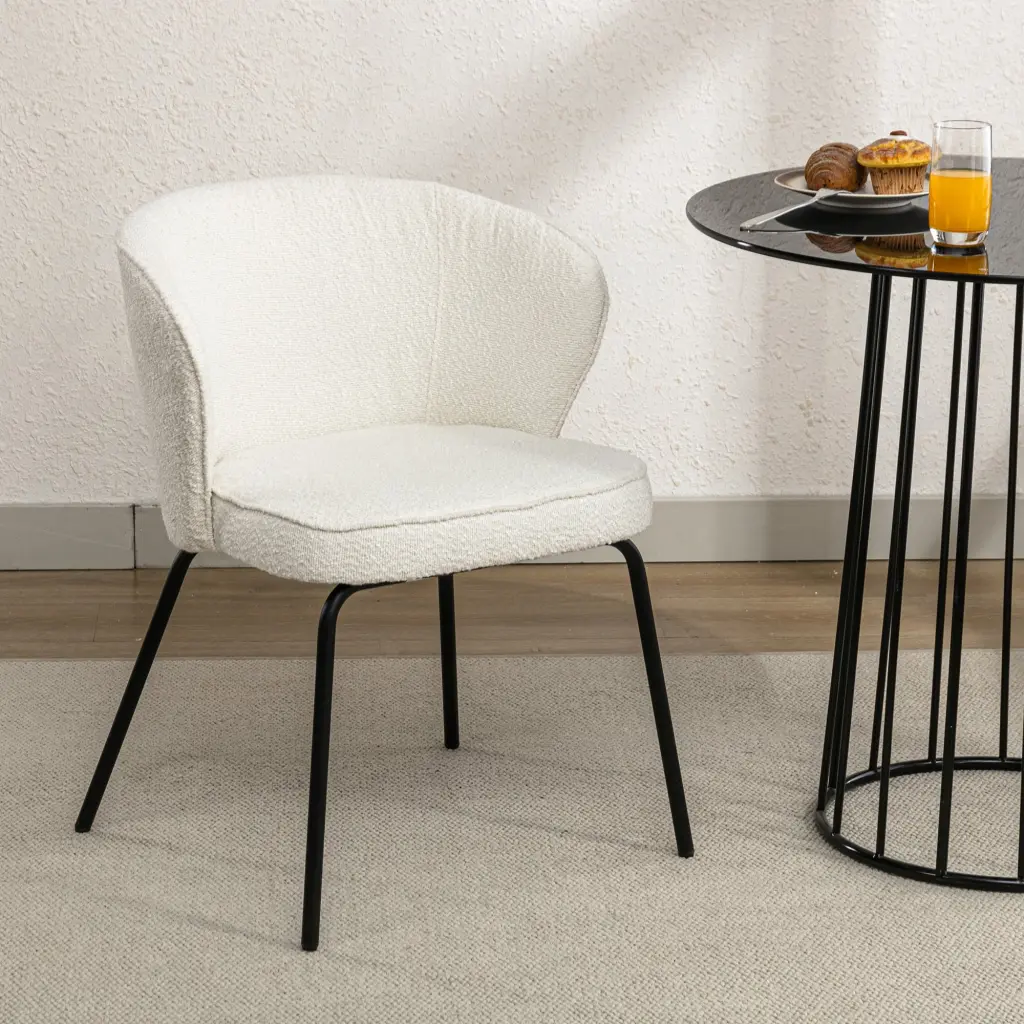 Set 1 Boucle Fabric Dining Chair Black Metal Legs Ivory White dg collection