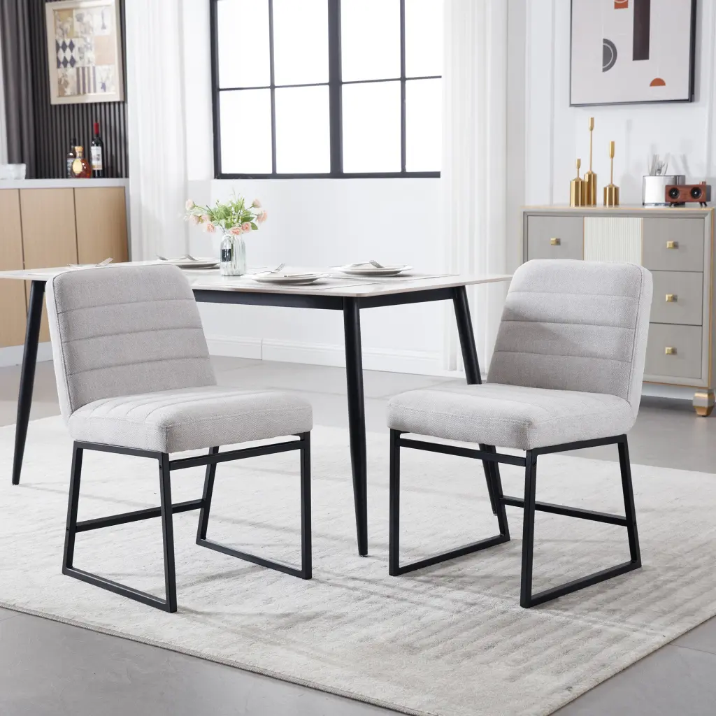 Upholstered Linen Fabric Dining Chairs Set 2 Metal Legs Mid Century lesscasa