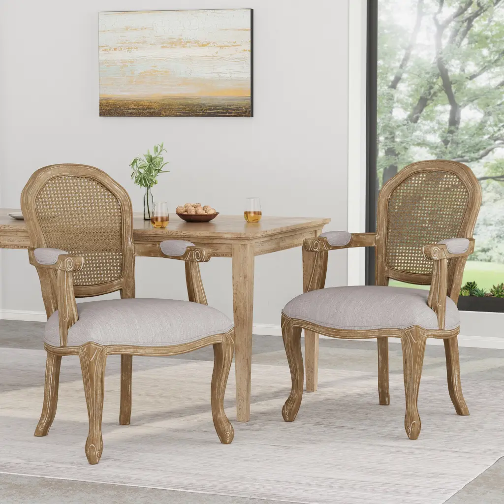 Dining Chair Light Grey Fabric, Wood Frame, and Rattan Accents - Modern Seating nh-cloudhouse