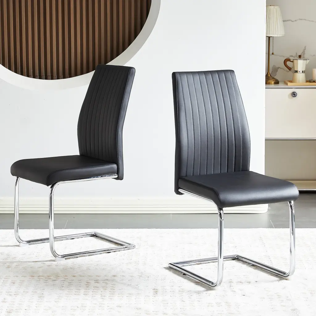 Black Modern Dining Chair PU Leather Chrome Metal Pipe Frame rnb
