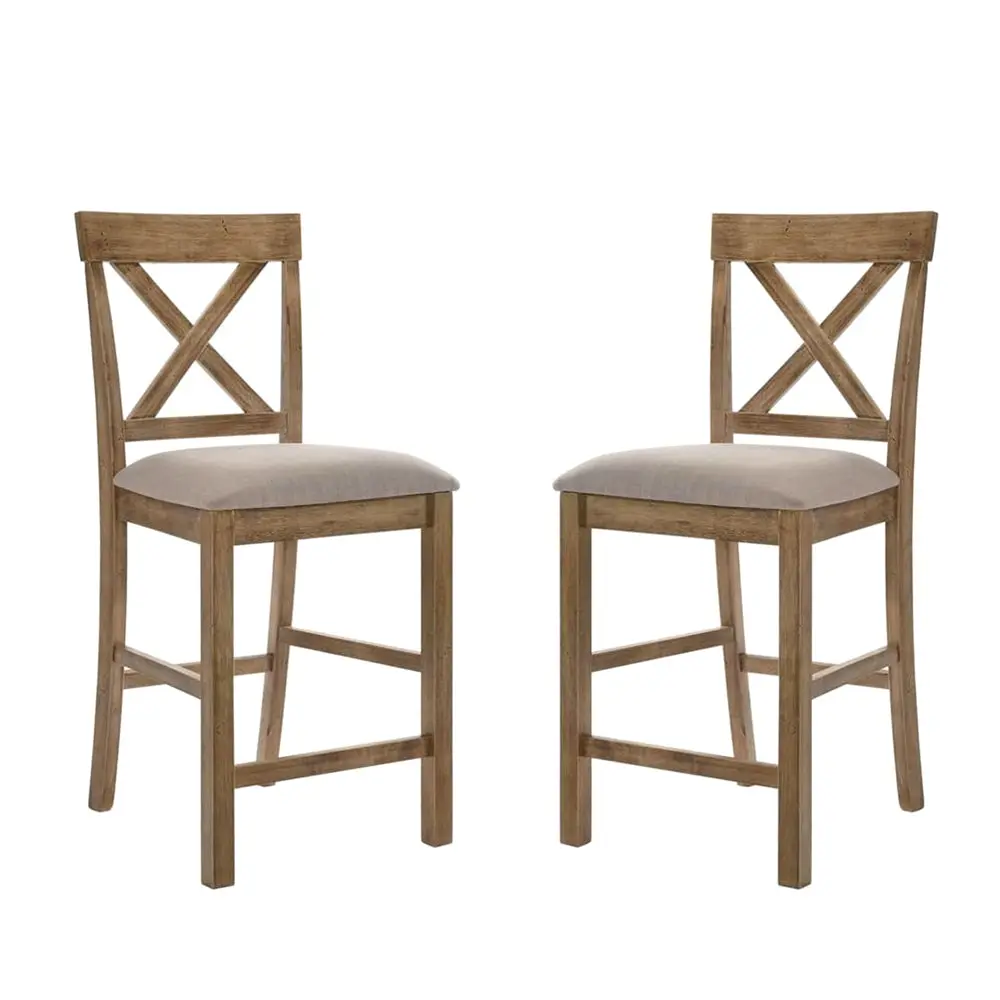 Set 2 Fabric And Wood Counter Height Chairs Rustic Oak And Brown Upholstery simple relax