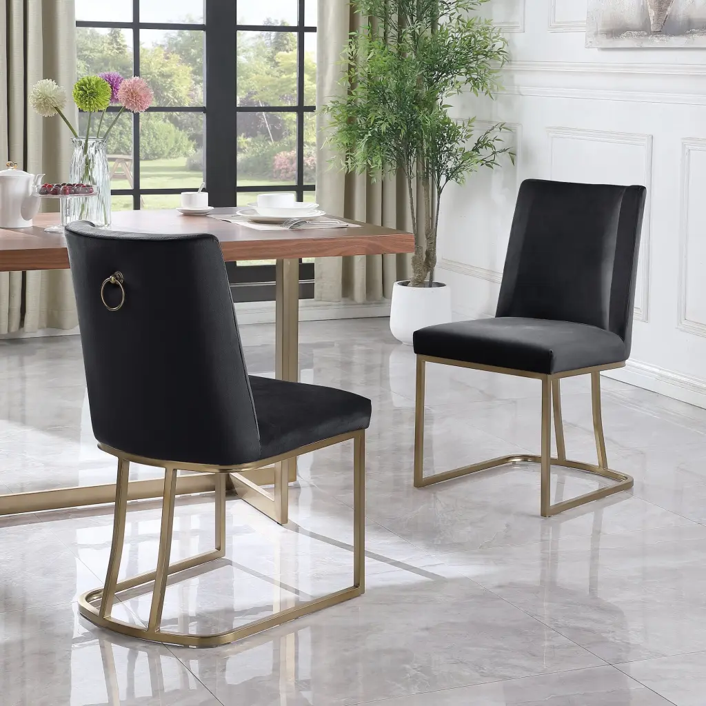 Velvet Upholstered Dining Chairs Set 2 Gold Metal Legs woker furniture