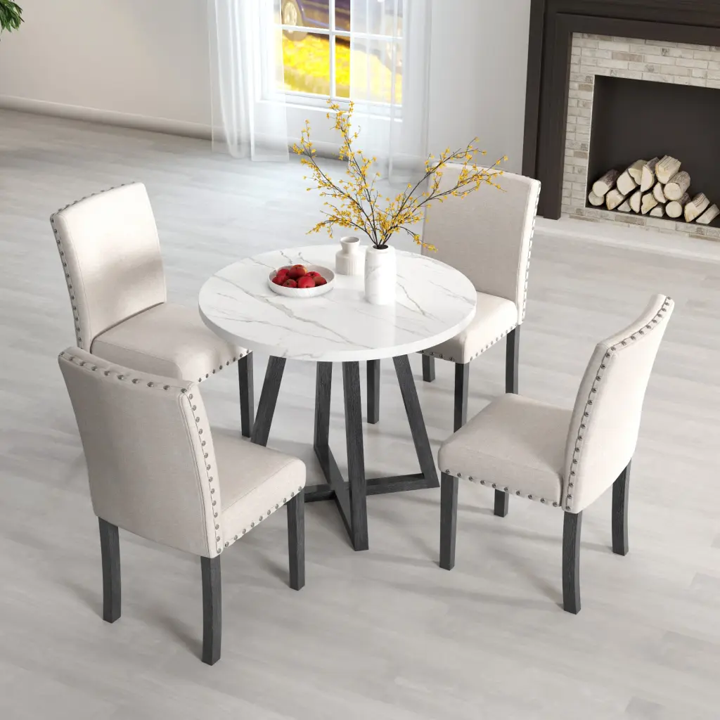 Five Piece Dining Room Set Imitation Marble Table Top And Solid Wood Chairs chuangyuan wood industry