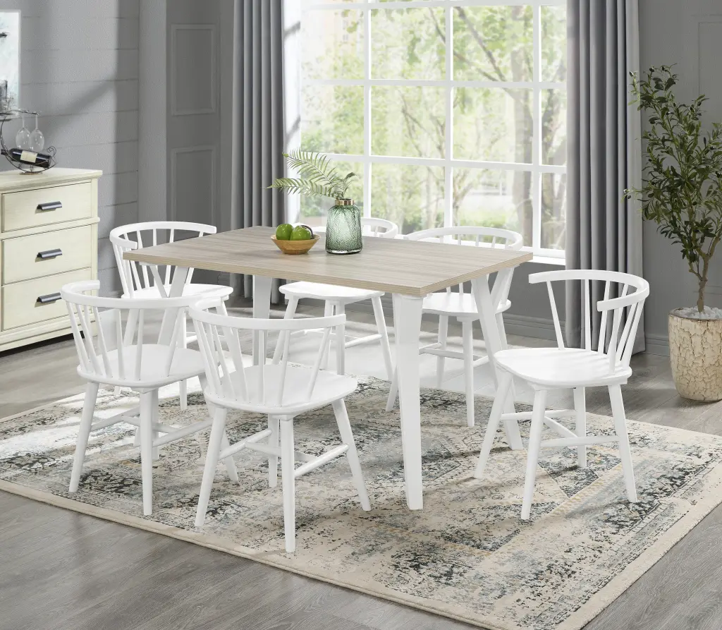 Alwynn 7 Piece White and Natural Wood Dining Table Set 6 Chairs hz