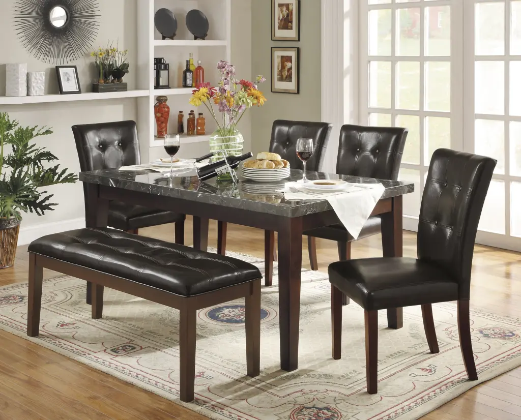 Dark Cherry Wooden 6 Piece Dining Set Marble Top Table kanepe