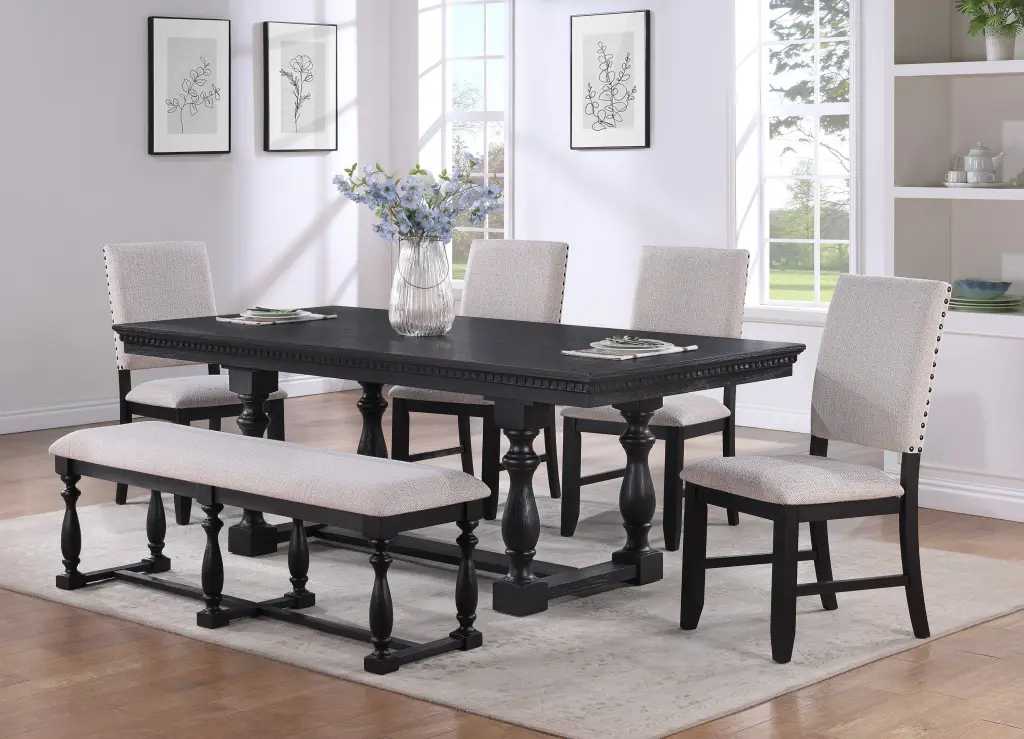 Rustic Traditional Black Finish Dining Set Rectangle Table Fabric Upholstered Chairs kanepe