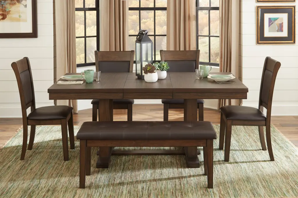 Transitional 6 Piece Dining Set Table Self Storing Leaf Bench Upholstered Chairs kanepe