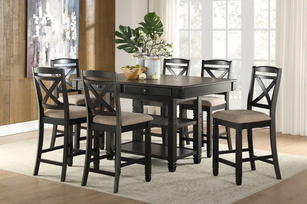 Transitional Style Counter Height Dining Set 7Pc Table Presentation Shelf kanepe