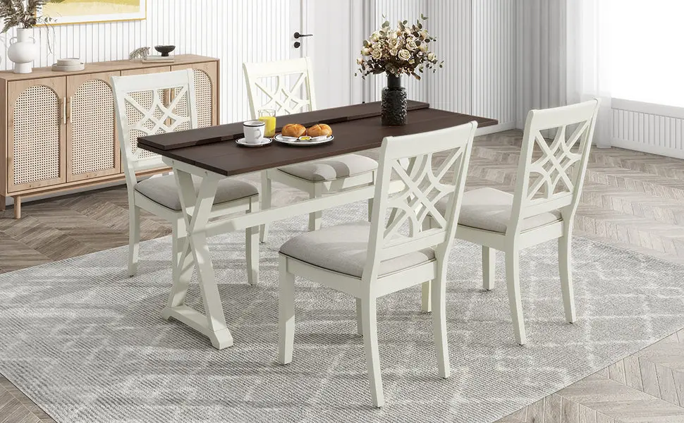 5 Piece 62x35.2 Inch Extendable Rubber Wood Dining Table Set X-Shaped Base rnb