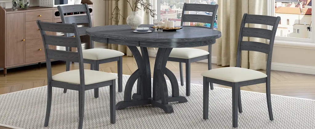 5 Piece Farmhoutilize Round Pedestal Extending Dining Table Set Extendable Kitchen Furniture rnb