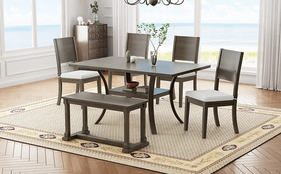 6 Piece Wood Dining Table Set Storage Shelf and Curved Legs Kitchen rnb