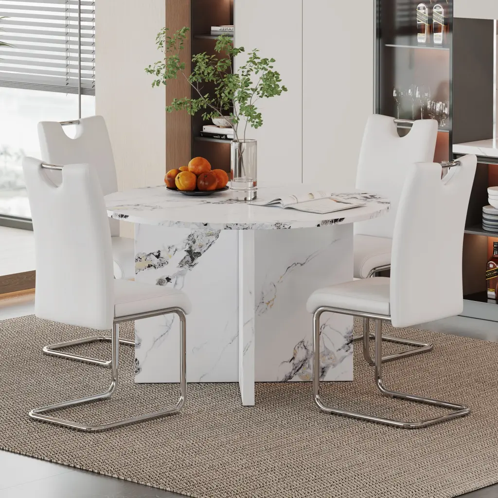 47 Inch Round Dining Table 4-6 People Modern Kitchen Faux Marble Table Sturdy Base a-q house