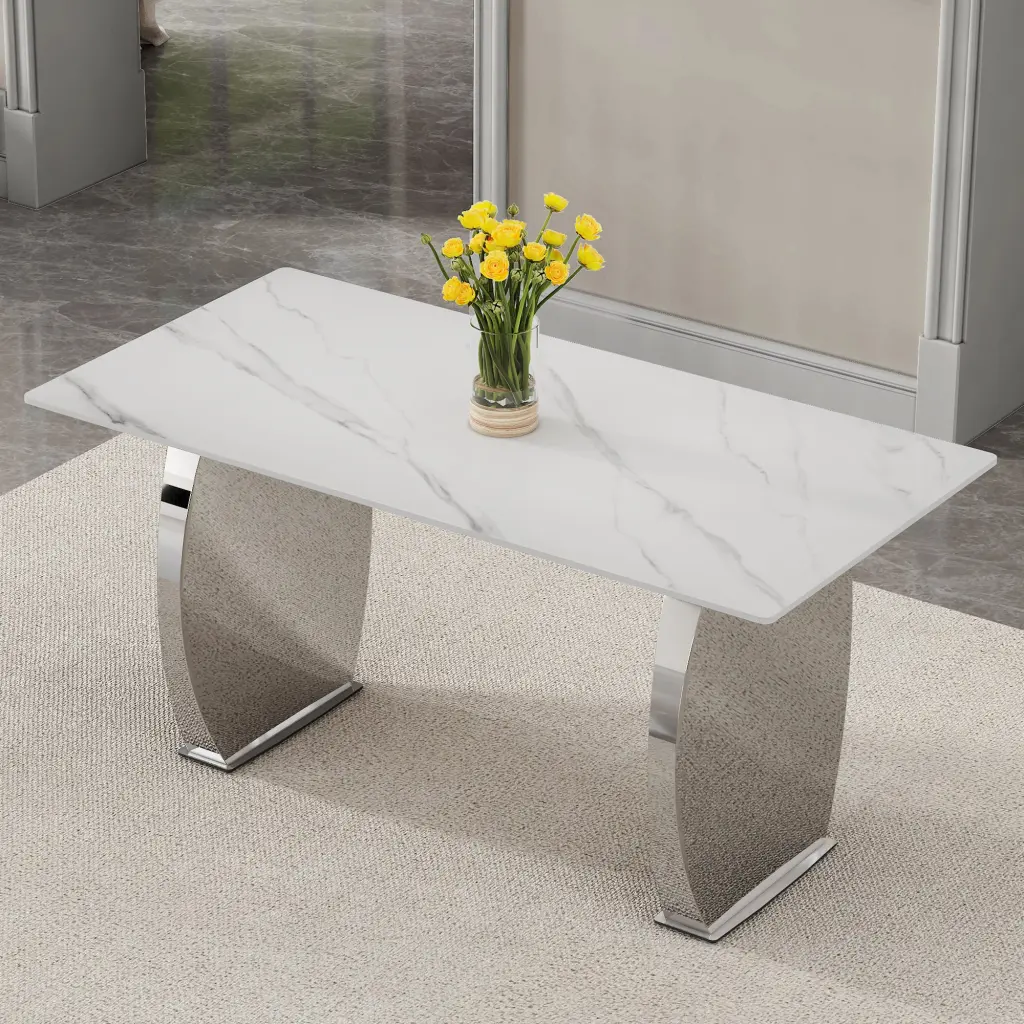 Modern Rectangular Dining Table White Patterned Top Silver Base droom w-1151