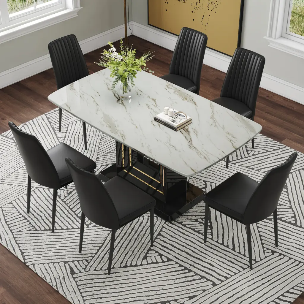 7 Piece Modern Faux Marble Dining Table Set 6 To 8 People a-q house