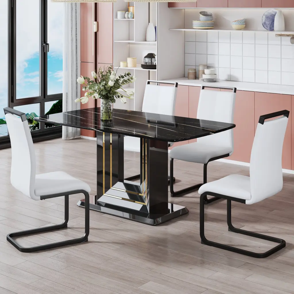 Black Imitation Marble Table and Four Chairs Dining Set droom w-1151
